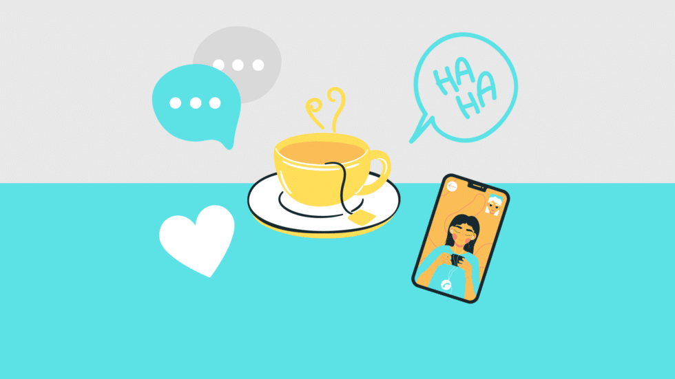 A graphic of a coffee cup with saucer, speech bubbles, a heart icon, and a smartphone displaying a person's photo.