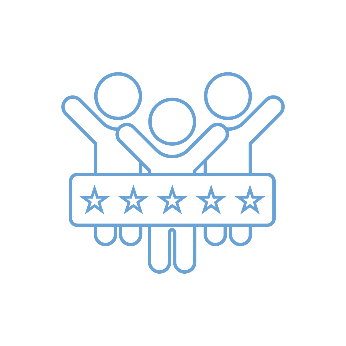 Icon of three people with a five-star banner, symbolizing teamwork or excellence in social care solutions.