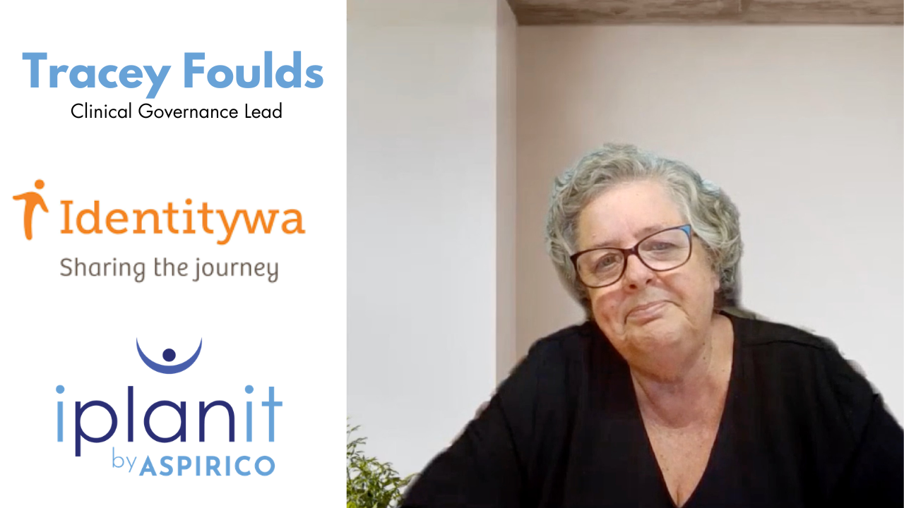 An older woman with glasses sits at a desk. To her left are logos and text: Tracey Foulds, Identitywa, and iplanit by Aspirico.
